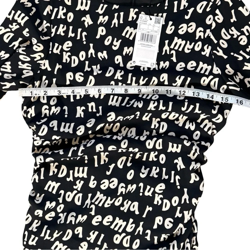Mango‎ Typographic Print Maxi Dress Womens 4 Black Cream NWT Long Sleeve Ruched